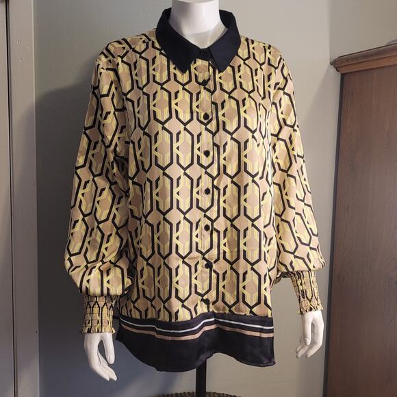 NWT NY & Co XXL Gold Black Geometric Blouse Balloon Poet Sleeve Silky Art Deco - Picture 8 of 9